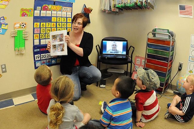 A teacher reading to preschool children in a classroom